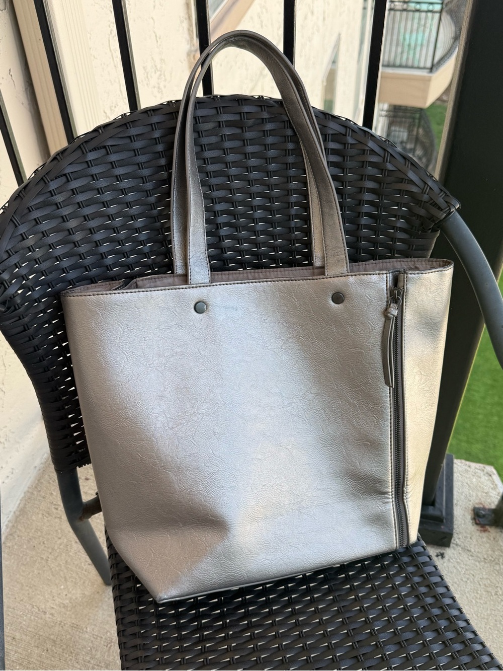 Neiman Marcus Metallic Silver Tote with Side Zip